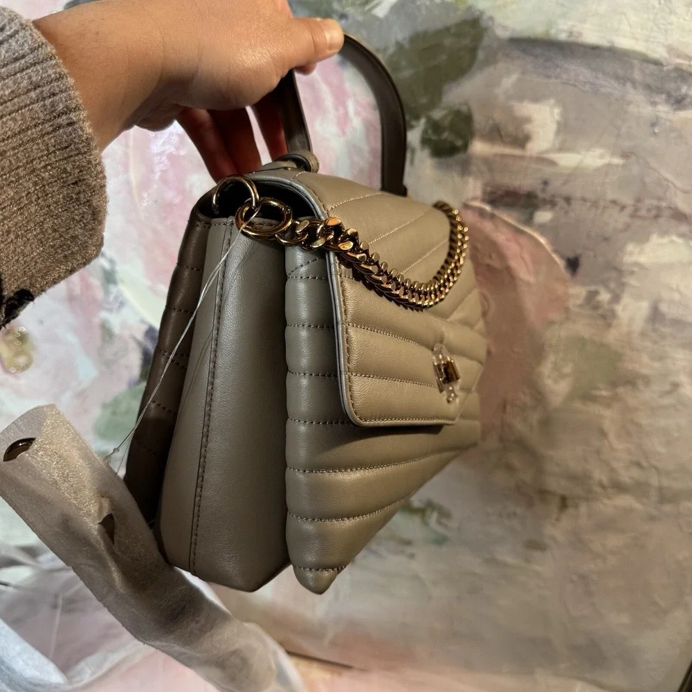 Tory Burch Kira Chevron Top-Handle‎ Satchel Crossbody Bag Leather Grey Quilted